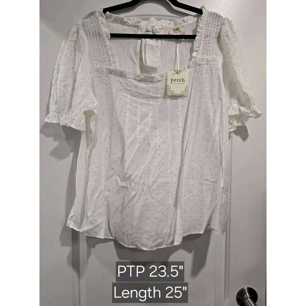 Perch by Blu‎ Pepper 2XL White Top Beige Dot Tie Back Smocking Cottagecore NWT